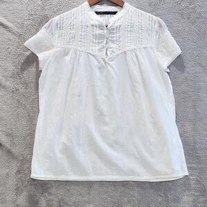 Zara Womens White Short Sleeve Pleated Blouse Size Medium Prairie Cottagecore